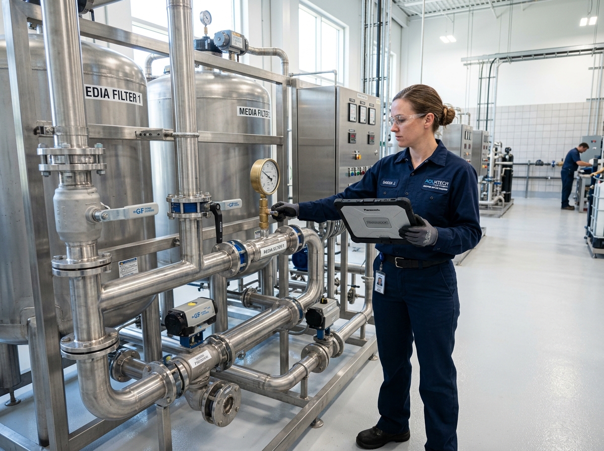 Certified water service engineer conducting on-site diagnostic inspection