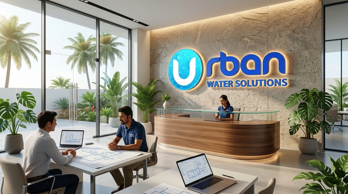 Urban Water Solutions customer experience & engineering support center with official logo on wall