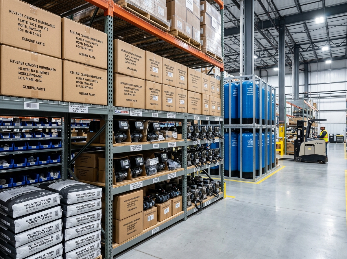 Organized OEM spares warehouse with Dow Filmtec membranes and carbon bags