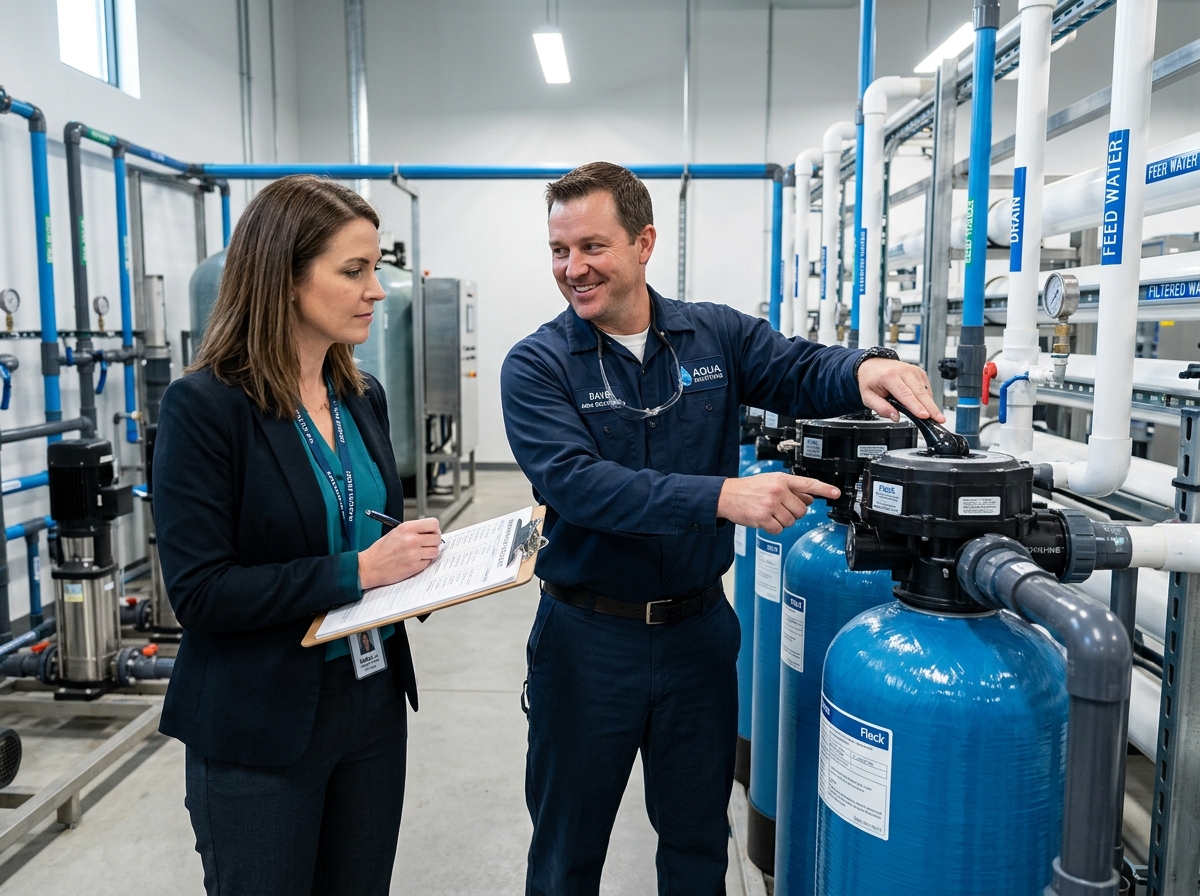 Water technician training a commercial facility manager on plant valve operation